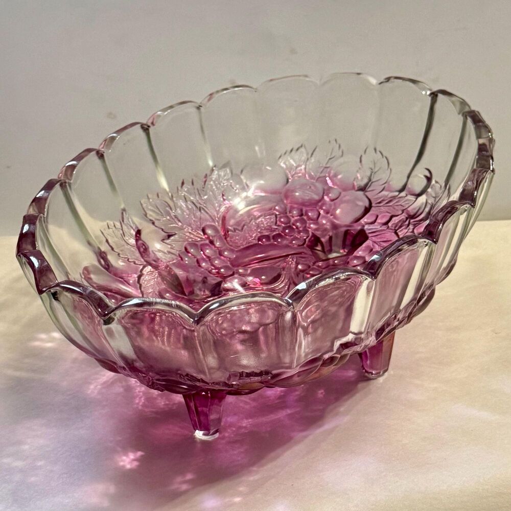 Indiana Glass Garland Fruit Pattern Pink Decorative Footed Oval Bowl Centerpiece